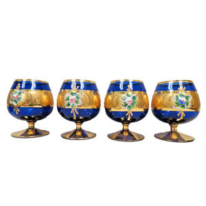 4 Bohemian Czech Art Glass Brandy Snifters, Cobalt Blue & Gold W/ Enamel Flowers